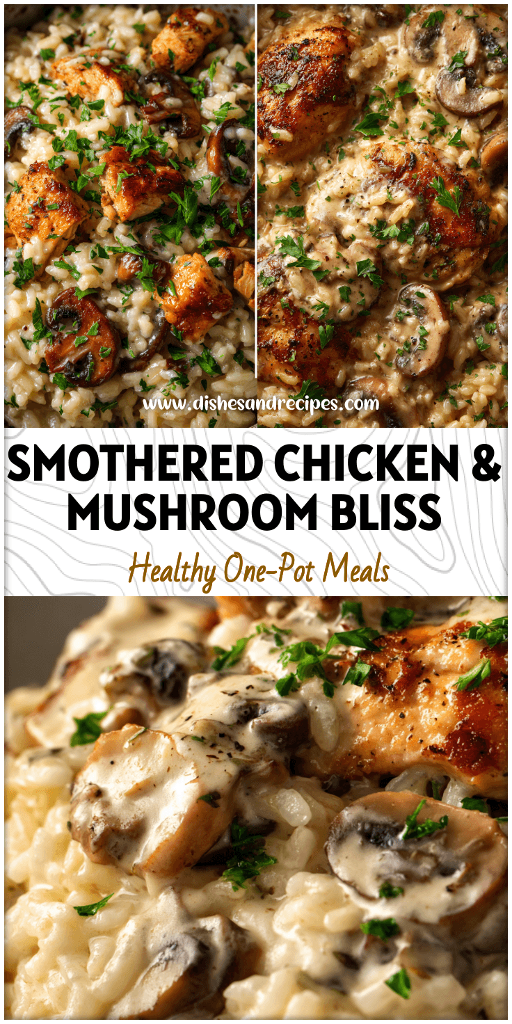 Close-up of smothered chicken and mushroom risotto topped with parsley and creamy sauce.